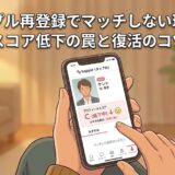 「タップル再登録でマッチしない理由！スコア低下の罠と復活のコツ」という文字と、スマホでタップル（tapple）のスコア低下画面を見て焦っている男性のイラスト（AI生成イメージ）