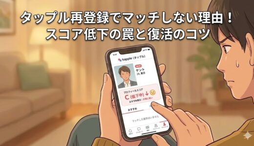 「タップル再登録でマッチしない理由！スコア低下の罠と復活のコツ」という文字と、スマホでタップル（tapple）のスコア低下画面を見て焦っている男性のイラスト（AI生成イメージ）