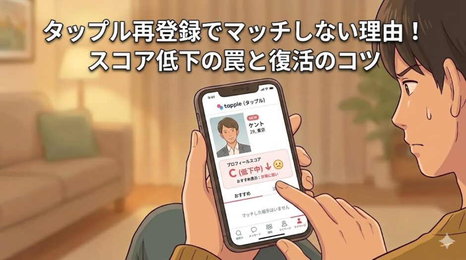 「タップル再登録でマッチしない理由！スコア低下の罠と復活のコツ」という文字と、スマホでタップル（tapple）のスコア低下画面を見て焦っている男性のイラスト（AI生成イメージ）