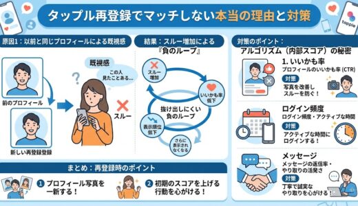 タップル再登録でマッチしない理由！スコア低下の罠と復活のコツ