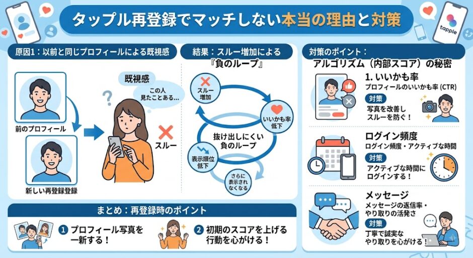 タップル再登録後にマッチしない原因と、内部スコアを上げる対策の図解（AI生成イメージ）