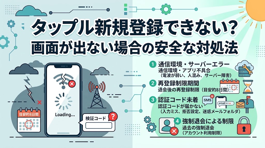 タップル登録エラーと安全な解決法の比較図(AI生成イメージ)