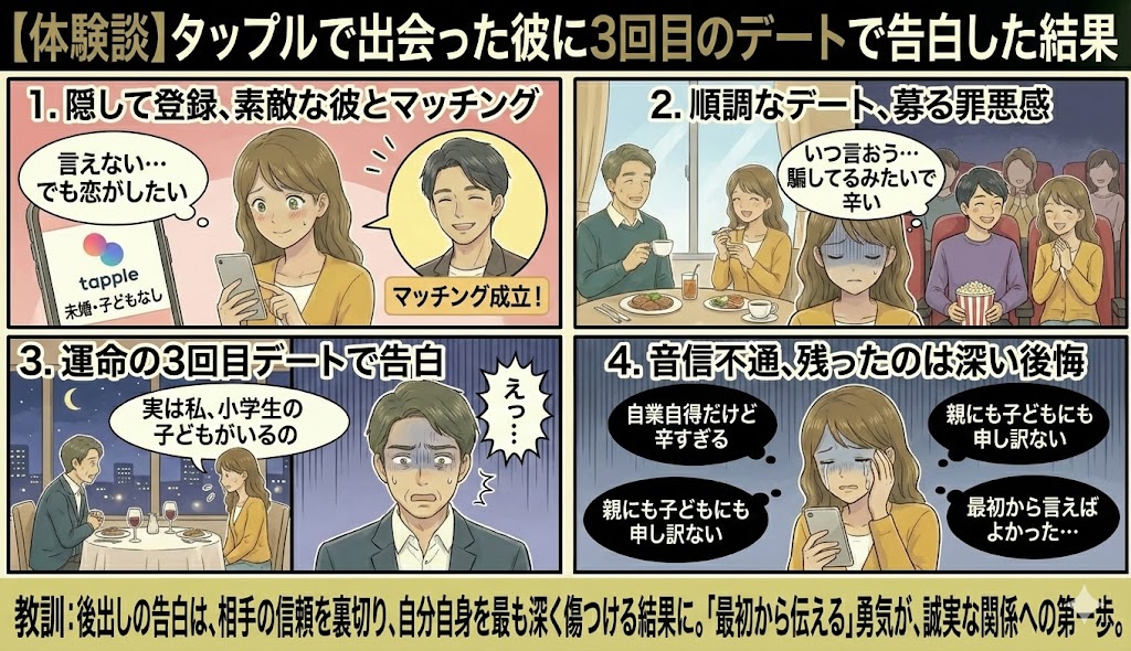 タップルでシングルマザーであることを隠して活動し、3回目のデートで告白した結果、音信不通になって後悔した失敗体験談を描いた4コマ漫画(AI生成イメージ)