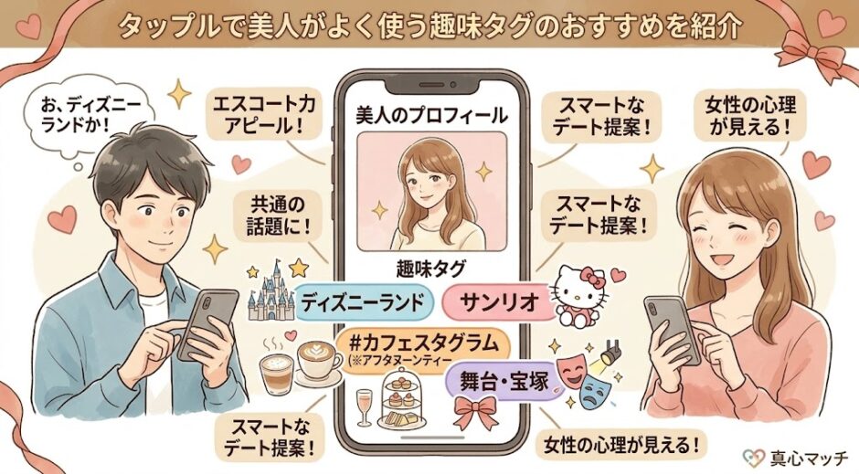タップルで美人がよく使う趣味タグ（ディズニー、サンリオ、カフェスタグラムなど）の裏側と男性向けのおすすめ戦略を図解したアイキャッチ画像（AI生成イメージ）