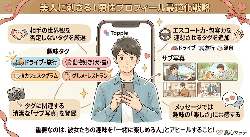 タップルで美人の趣味タグに合わせて男性が設定すべきプロフィール対策と攻略法を図解した画像(AI生成イメージ)