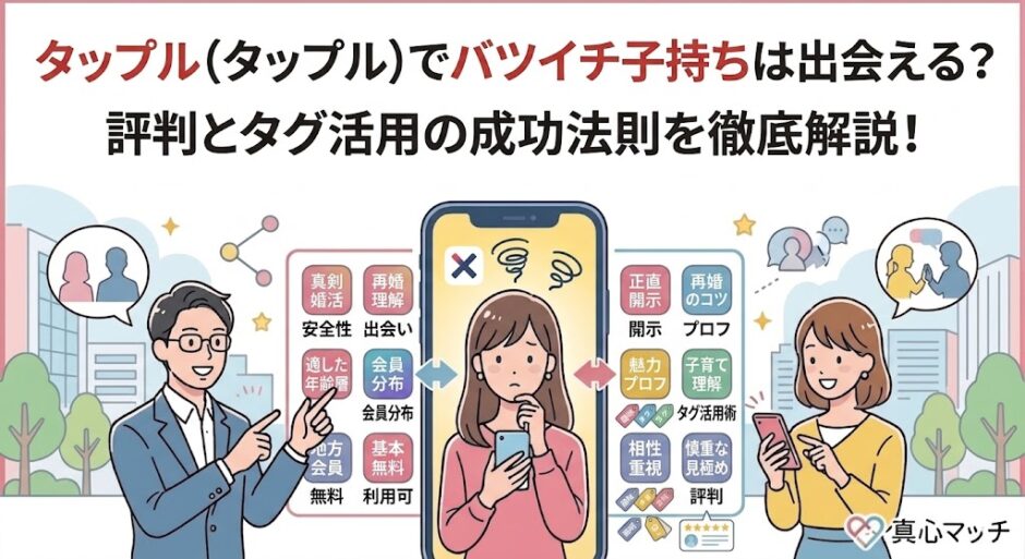 タップルでの再婚活について悩む女性とアドバイスする男女のイラスト（AI生成イメージ）