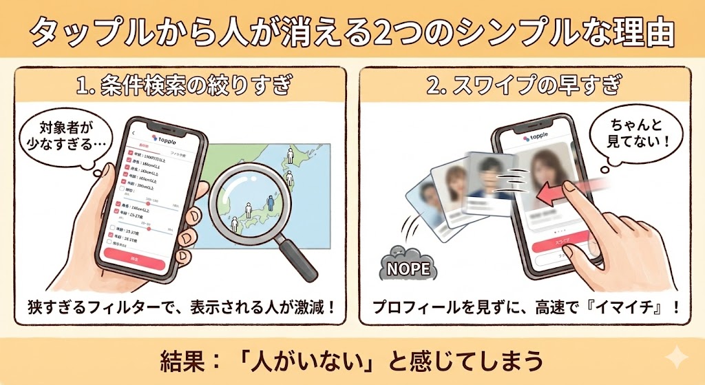 「タップルから人が消える2つのシンプルな理由」と題された図解イラスト。左側は「1.条件検索の絞りすぎ」として狭すぎるフィルターで対象者が激減する様子、右側は「2.スワイプの早すぎ」としてプロフィールを見ずに高速で「イマイチ」に振り分けてしまう様子を描写。これらが原因で「人がいない」と感じてしまう仕組みを解説している。(AI生成イメージ)