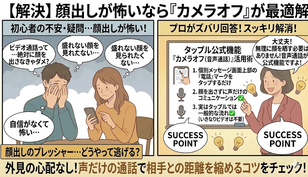 タップルのビデオ通話で顔出しをしたくない初心者の女性に、プロのアドバイザーがカメラをオフにした「音声通話（公式機能）」の具体的なやり方とメリット（外見の心配なし、一般的な流れ）を解説する2コマ漫画風イラスト（AI生成イメージ）