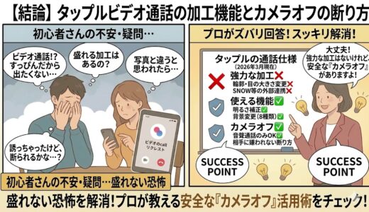 タップルビデオ通話の加工機能（強力な盛る加工はなし、明るさ補正・背景変更のみ）と、安全なカメラオフ（音声通話）活用術をプロが解説する2コマ漫画風イラスト（AI生成イメージ）