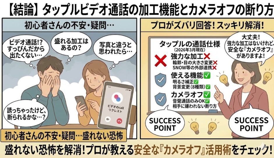 タップルビデオ通話の加工機能（強力な盛る加工はなし、明るさ補正・背景変更のみ）と、安全なカメラオフ（音声通話）活用術をプロが解説する2コマ漫画風イラスト（AI生成イメージ）