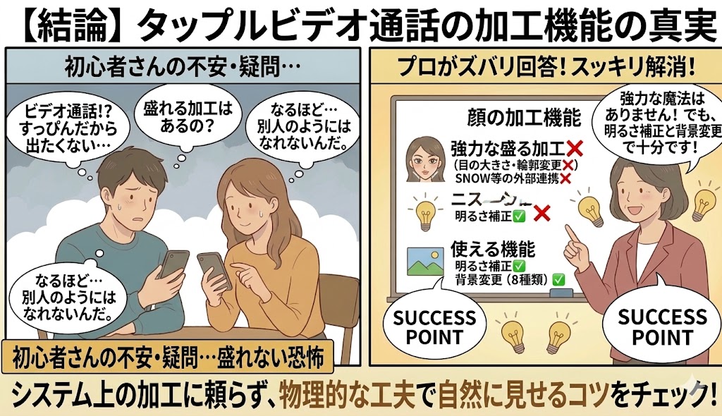 タップルビデオ通話の加工機能（強力な盛る加工は✕、明るさ補正・背景変更は✓）について、プロのアドバイザーが初心者女性に解説する2コマ漫画風イラスト（AI生成イメージ）