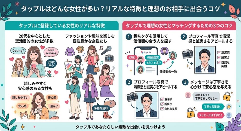 タップルに登録している女性のリアルな特徴と、理想の相手に出会うためのマッチングのコツを解説するインフォグラフィック（AI生成イメージ）