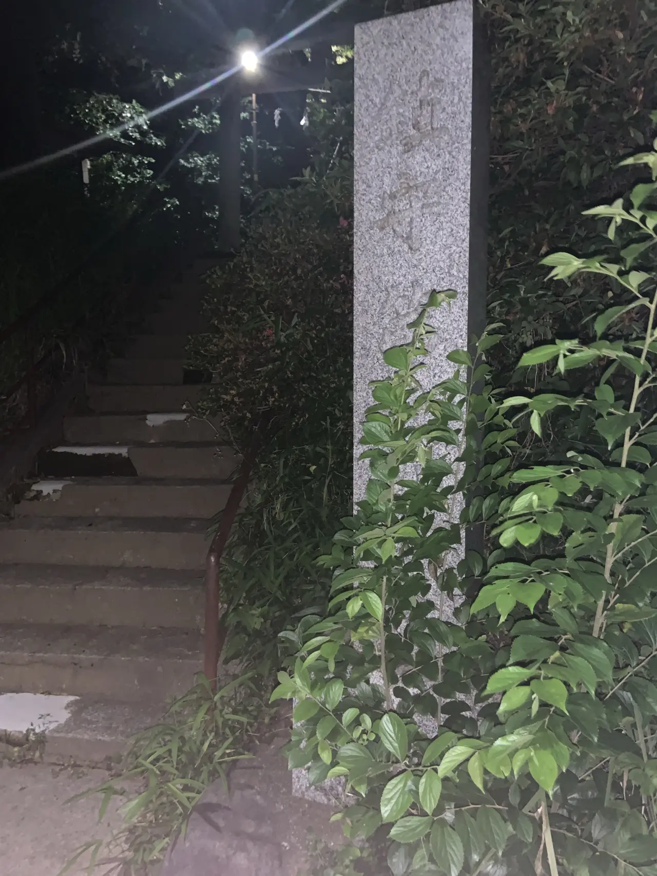 第六社の拝殿。夜の静けさの中、鈴緒と注連縄が掲げられた神聖な祈りの場