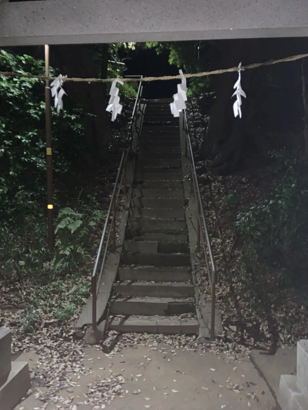 第六社の鳥居をくぐった先にある注連縄と石段。奥へ続く参道が静かに伸びている