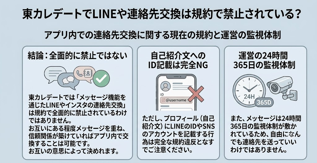 東カレデートのLINE交換・連絡先交換規約に関するインフォグラフィック(AI生成イメージ)
