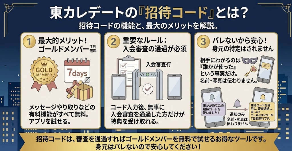 東カレデートの招待コード解説図解(AI生成イメージ)