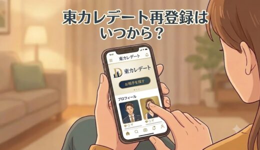 東カレデート再登録はいつから？（スマートフォンを操作する女性のイラスト）（AI生成イメージ）