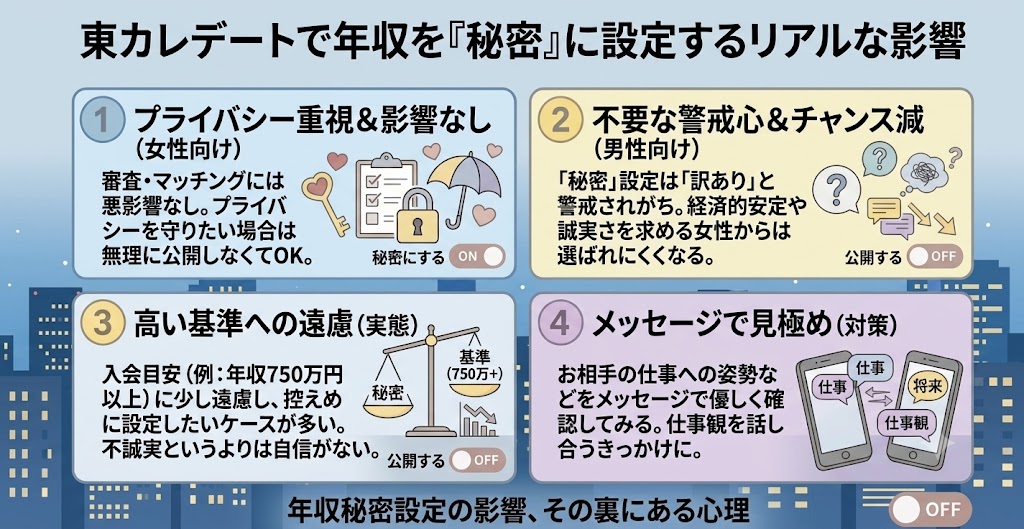 東カレデートにおける年収『秘密』設定のリアルな影響を解説した4つの図解パネル(AI生成イメージ)