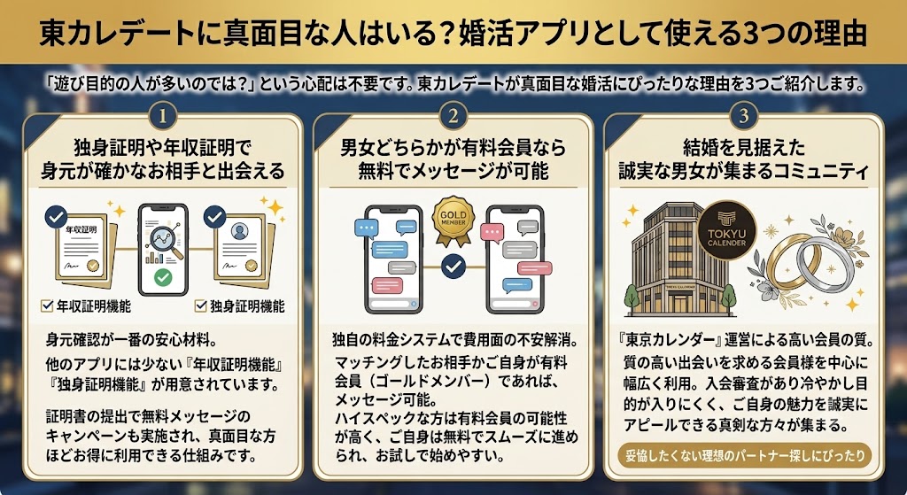 東カレデートが真面目な婚活に使える3つの理由。身元確認、無料メッセージ、高品質なコミュニティを解説（AI生成イメージ）