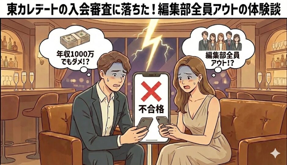 「東カレデートの入会審査に落ちた！編集部全員アウトの体験談」というタイトルと共に、高年収でも不合格になりショックを受けている男女（編集部員）のイラスト【東カレ審査落ち検証】（AI生成イメージ）