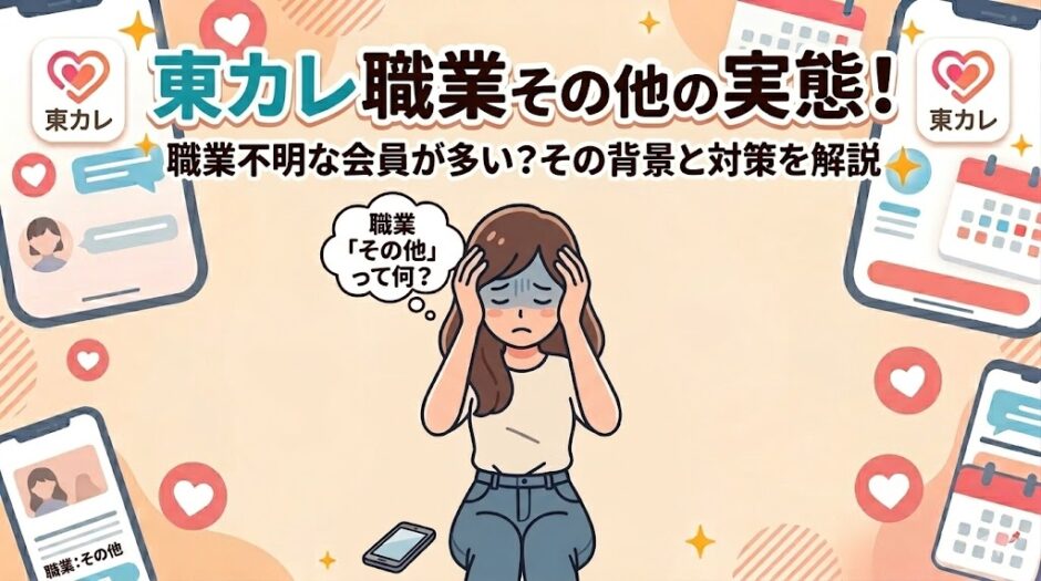 東カレデートで「職業：その他」が多い理由と実態を解説。悩む女性のイラスト（AI生成イメージ）