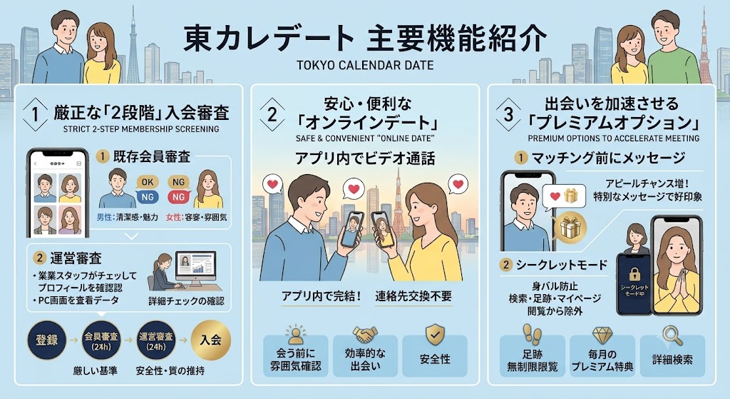 東カレデートの主要機能を説明するインフォグラフィック。厳正な2段階入会審査、安心なオンラインデート、出会いを加速させるプレミアムオプション(マッチング前のメッセージ、シークレットモード)の3つのセクションをイラストで図解している。(AI生成イメージ)