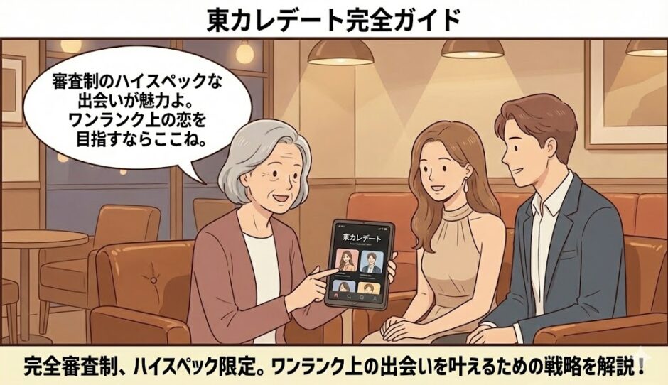 「東カレデート完全ガイド」という見出しと共に、ドレスアップした男女へ、相談員が審査制やハイスペックな出会いの魅力をタブレットで解説しているイラスト【アッパー層向けアプリ紹介】（AI生成イメージ）