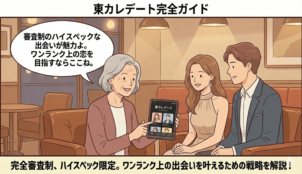 「東カレデート完全ガイド」という見出しと共に、ドレスアップした男女へ、相談員が審査制やハイスペックな出会いの魅力をタブレットで解説しているイラスト【アッパー層向けアプリ紹介】(AI生成イメージ)