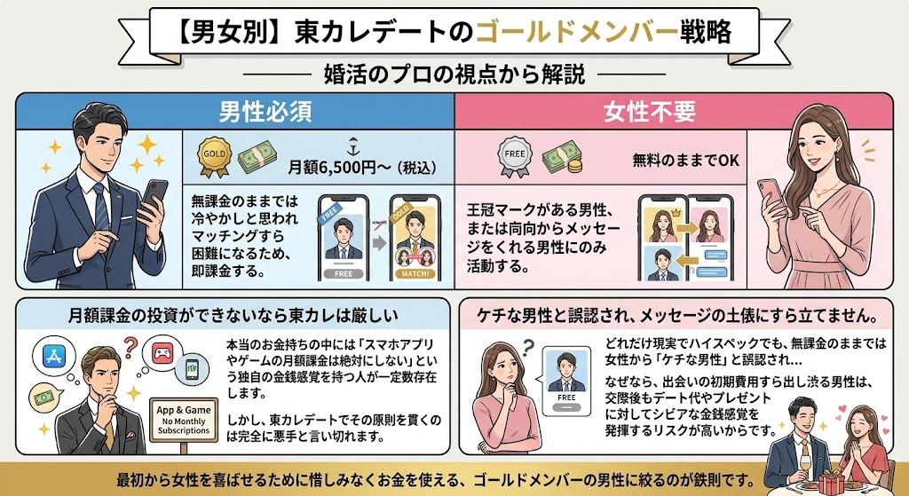 東カレデート（Tokyu Calender Date）における男女別のゴールドメンバー戦略（課金システム活用）を解説したインフォグラフィック（AI生成イメージ）