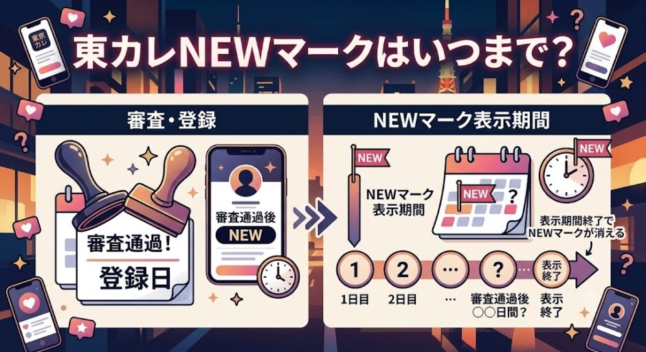 「東カレNEWマークはいつまで？」仕組みと表示期間を解説するインフォグラフィック。上部にタイトル。左側は「審査・登録」セクションで、審査官のスタンプと審査通過後のプロフィールにNEWマークが付く様子。右側は「NEWマーク表示期間」セクションで、カレンダーとタイムライン、疑問符を使い、審査通過後何日間表示され、期間終了でマークが消えるかを説明（AI生成イメージ）