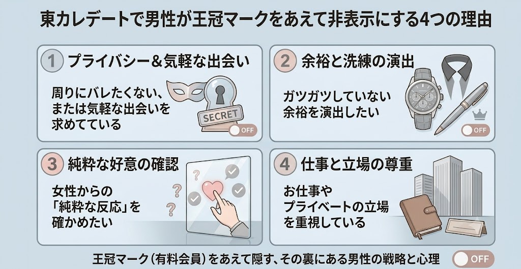 東カレデートで男性が王冠マークをあえて非表示にする4つの理由をまとめたインフォグラフィック（AI生成イメージ）