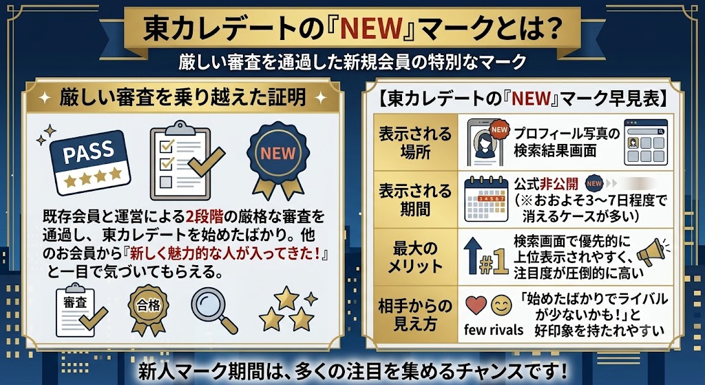 東カレデートの『NEW』マーク解説図解。厳しい入会審査を通過した新規会員であることを示す特別なマークについて説明（AI生成イメージ）