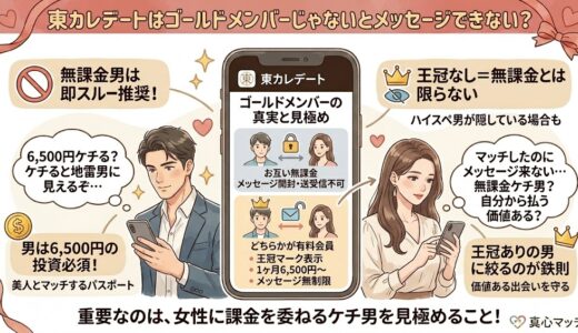 東カレデートのゴールドメンバー（有料会員）と無料会員のメッセージ制限の違いを図解したアイキャッチ画像（AI生成イメージ）