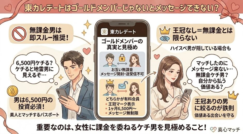 東カレデートのゴールドメンバー（有料会員）と無料会員のメッセージ制限の違いを図解したアイキャッチ画像（AI生成イメージ）