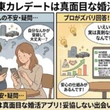 東カレデートは真面目な婚活アプリであることを解説するアイキャッチ画像。不安を抱える男女の疑問を、専門家が安全な仕組みとともに解消するイラスト（AI生成イメージ）