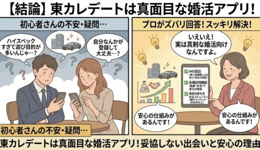 東カレデートは真面目な婚活アプリであることを解説するアイキャッチ画像。不安を抱える男女の疑問を、専門家が安全な仕組みとともに解消するイラスト（AI生成イメージ）
