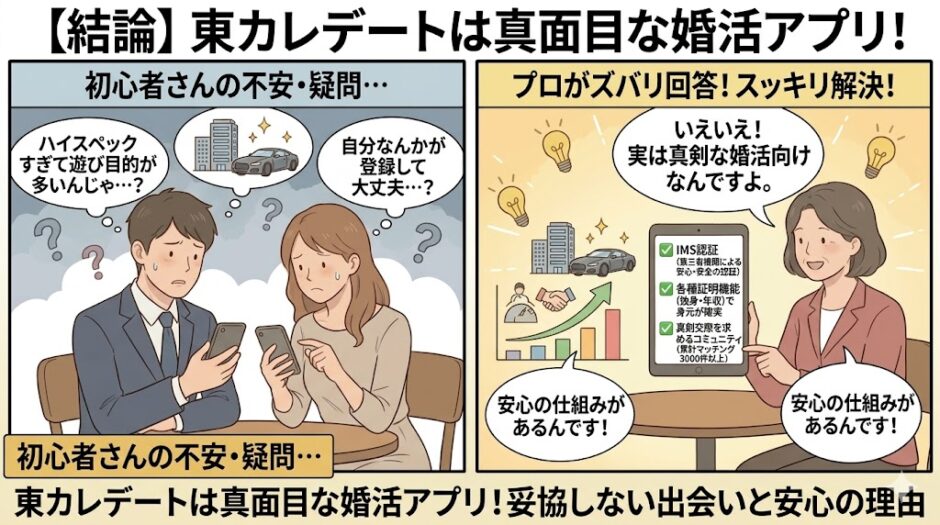 東カレデートは真面目な婚活アプリであることを解説するアイキャッチ画像。不安を抱える男女の疑問を、専門家が安全な仕組みとともに解消するイラスト（AI生成イメージ）