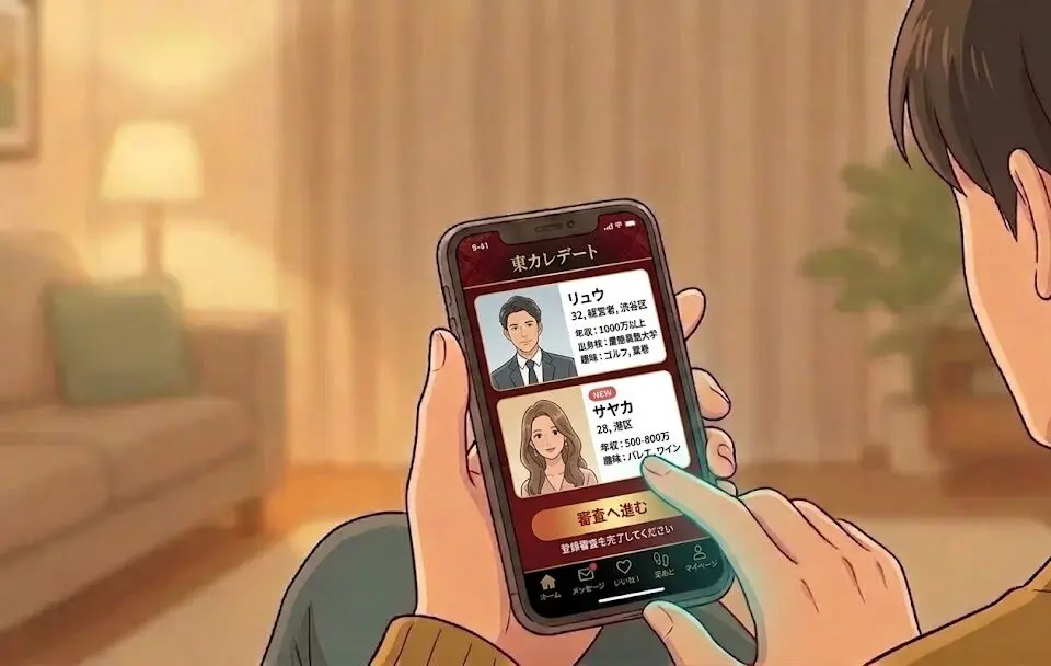 スマホで「東カレデート」のハイクラスな会員をチェックしている手元のイラスト（AI生成イメージ）