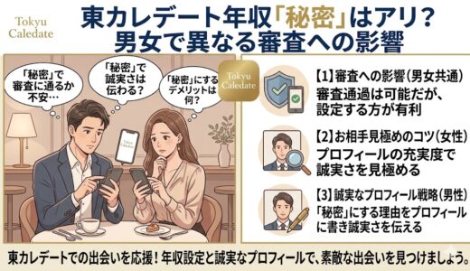 東カレデートで年収を「秘密」にする影響と、男女別の審査通過のコツを解説したアイキャッチ画像（AI生成イメージ）