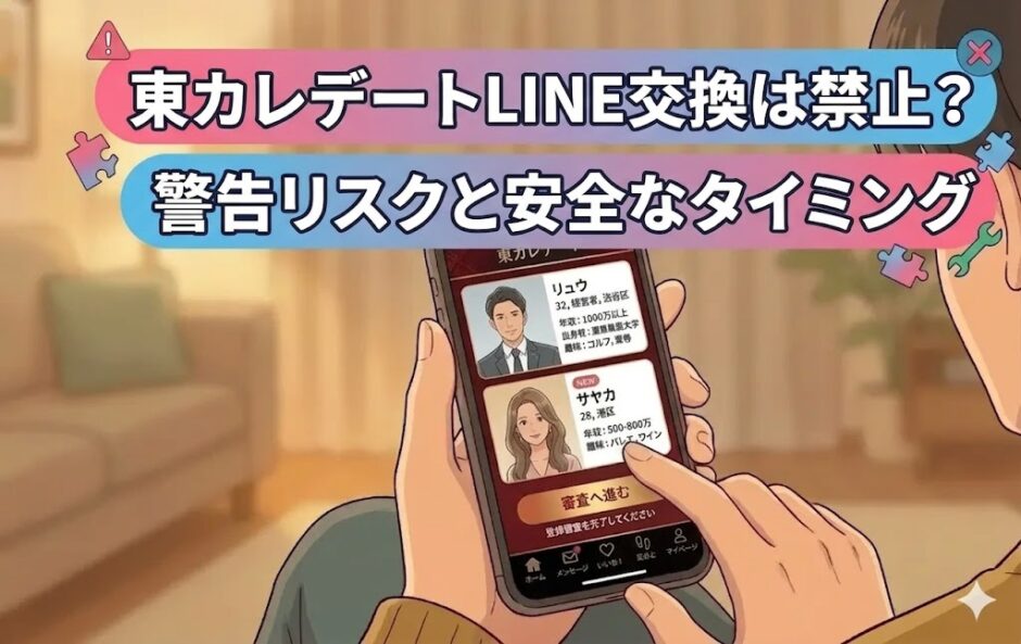 東カレデートでLINE交換は禁止か、警告リスクと安全なタイミングを解説するアイキャッチ画像（AI生成イメージ）