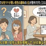 マッチングアプリで女性ウケが悪い男性の趣味ランキングを解説したマンガ風アイキャッチ。意外な趣味に戸惑う女性のイラストと、アンケート結果を基にアドバイスする様子が描かれています（AI生成イメージ）