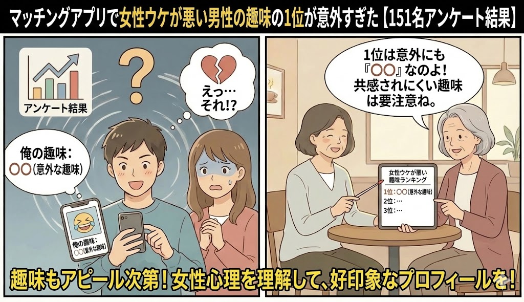 マッチングアプリで女性ウケが悪い男性の趣味ランキングを解説したマンガ風アイキャッチ。意外な趣味に戸惑う女性のイラストと、アンケート結果を基にアドバイスする様子が描かれています(AI生成イメージ)
