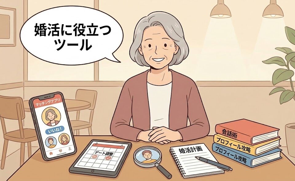 「婚活に役立つツール」という見出しと共に、スケジュール帳やアプリ、参考書など、婚活を効率化・サポートする便利アイテムを紹介する相談員のイラスト【婚活便利ツール集】（AI生成イメージ）