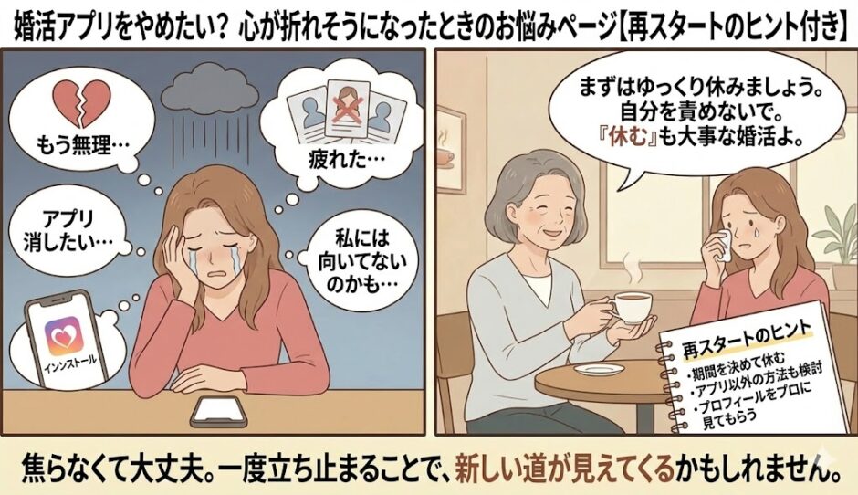 婚活アプリに疲れ果てて「もうやめたい」と涙する女性と、温かい飲み物を出しながら「休むことも大事」と再スタートのヒント（期間を決めて休む等）をアドバイスする相談員のイラスト【婚活疲れ解消アイキャッチ】（AI生成イメージ）
