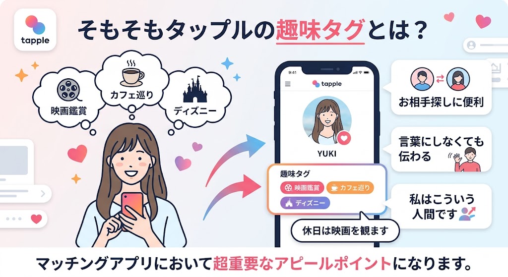 マッチングアプリ「タップル」の趣味タグ機能を解説するイラスト（AI生成イメージ）