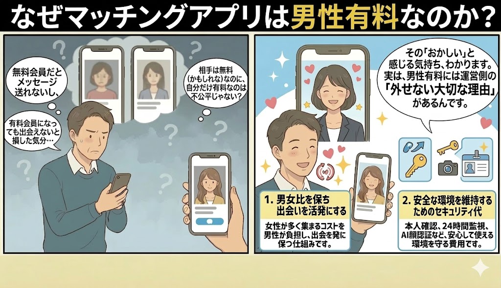 「なぜマッチングアプリは男性有料なのか？」という見出しの解説画像。左側のコマでは料金の仕組みに疑問を持つ男性の悩みが描かれ、右側のコマでは「男女比の維持」と「安全性を守るセキュリティ代」という2つの大きな理由について、女性が優しく解説している2コマ漫画風の構成（AI生成イメージ）