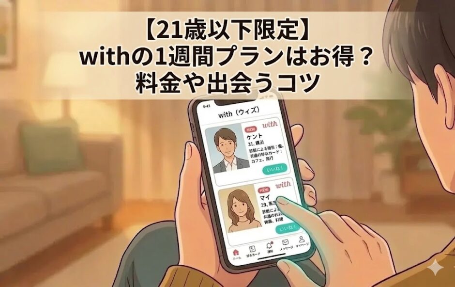 マッチングアプリ「with」をスマホで操作しているイラスト（21歳以下限定！withの1週間プランについての解説画像）（AI生成イメージ）