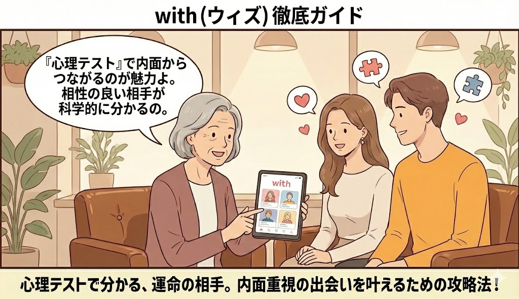 「with（ウィズ）徹底ガイド」という見出しと共に、パズルのピースやハートで『相性』や『心理テスト』の重要性を説きながら、相談員が男女にアプリを紹介しているイラスト【性格診断マッチングアプリ解説】（AI生成イメージ）