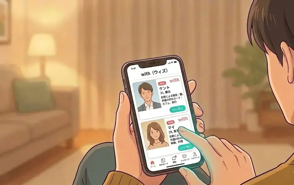 スマホでwithを操作している手元のイラスト（AI生成イメージ）