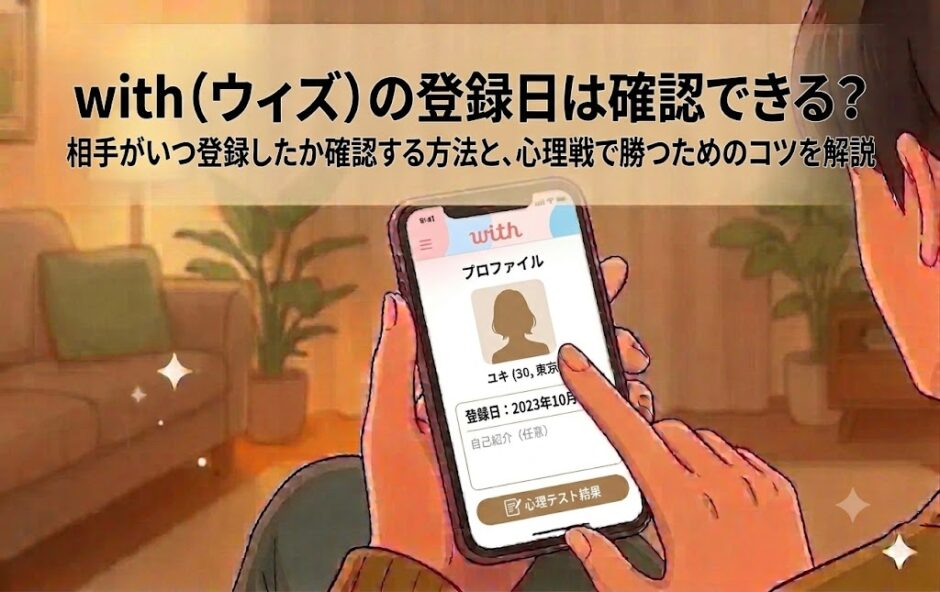 「with」マッチングアプリを見る男性のイラスト（AI生成イメージ）